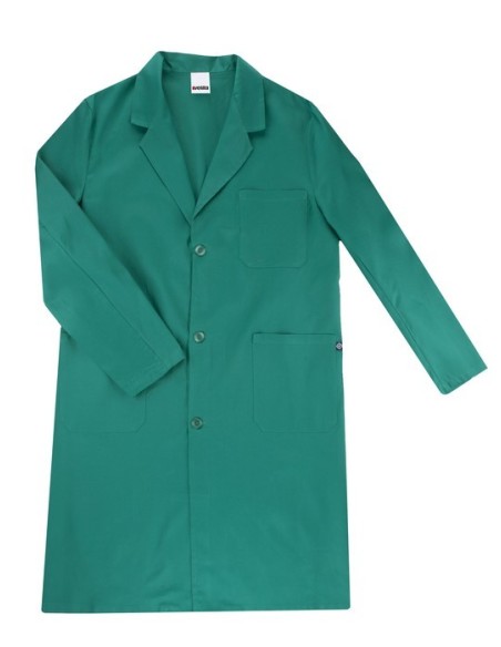 Bata unisex con tres bolsillos, cierre central con botones y cinturón en la espalda. Composición: 65% Poliester, 35% Algodón. b