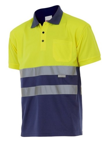 Polo alta visibilidad combinado amarillo marino con bandas reflectantes, mangas corta. verde marino, naranja marino, gris marin