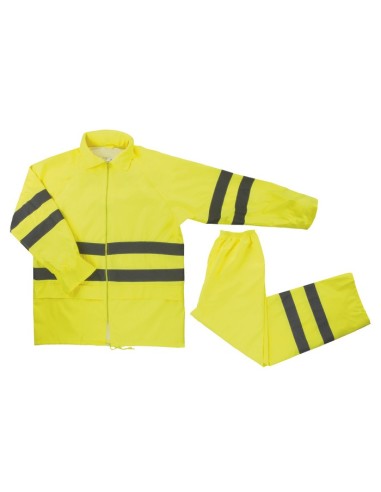 traje de lluvia dos piezas de alta visibilidad. chaqueta: capucha ajustable. pantalón: cinturilla elástica y bajo ajustable con