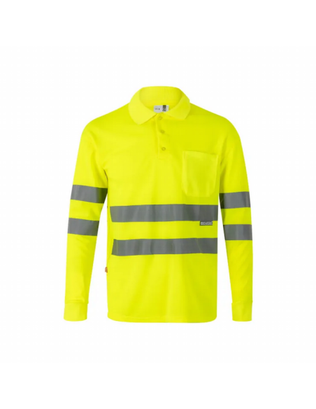 Polo alta visibilidad mangas largas con cintas reflectantes en amarillo y naranja fluor. 100% poliester transpirable