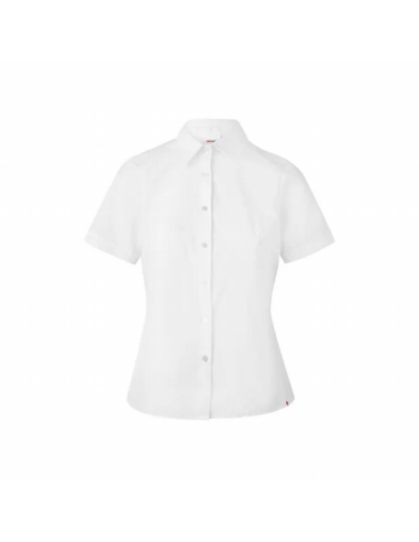 Blusa para mujer ajustada de mangas corta en popelín fino, sin bolsillo, cuello camisero blanco.