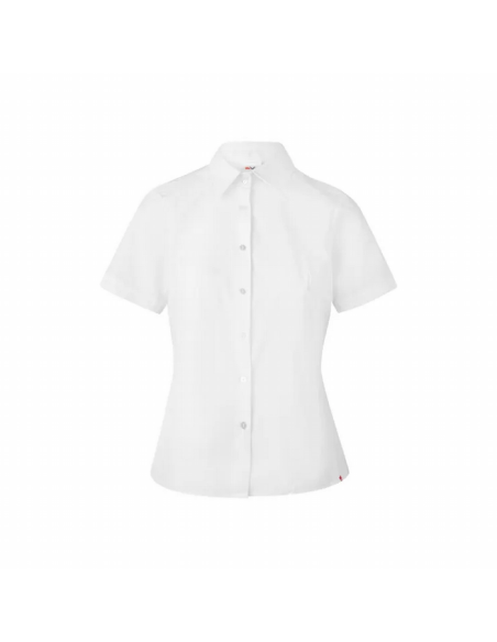 Blusa para mujer ajustada de mangas corta en popelín fino, sin bolsillo, cuello camisero blanco.