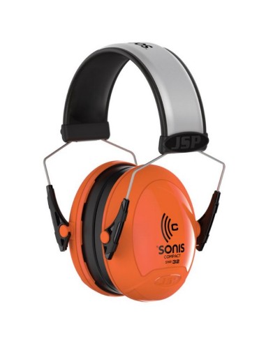 Casco autidivo con diadema reflectante jsp sonic de 32 dB decibelios color naranja, para largas jornadas de trabajo