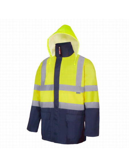 <img src="parka-4en1-bicolor.jpg" alt="Parka 4 en 1 bicolor de alta visibilidad clase 2 con protección EN 343 clase 3 y EN 1405